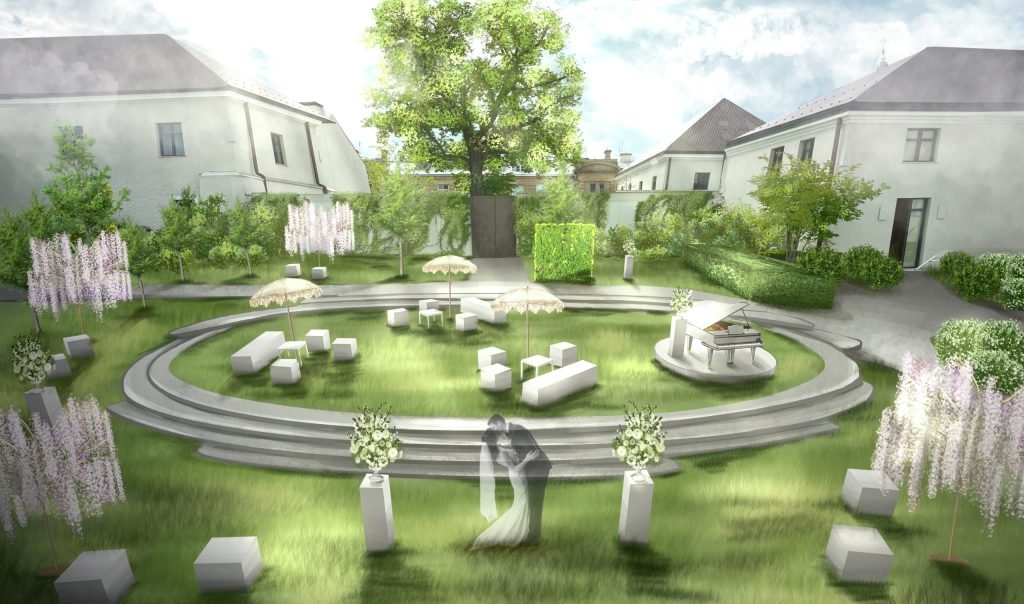 vestuviu eskizine vizualizacija ir krastovaizdis su zaluma, apvaliais stalais ir dekoratyviniais elementais