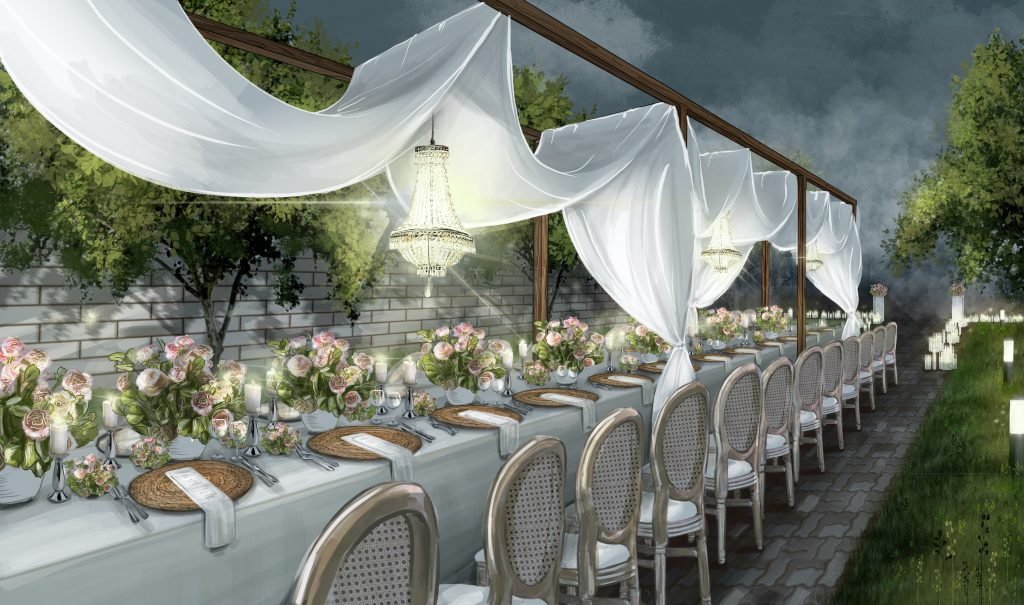 sventes stalo dekoras lauko erdveje baltos uzuolaidos, geliu kompozicijos ir krastovaizdzio akcentai, piesti su procreate