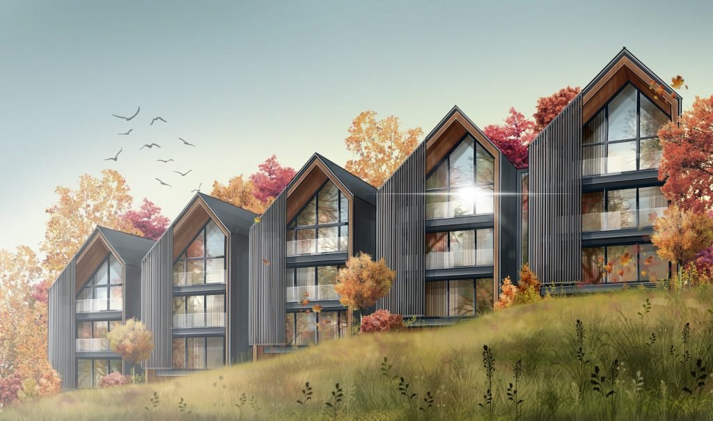 moderniu nameliu vizualizacija gamtoje, apsupta rudeniniu medziu