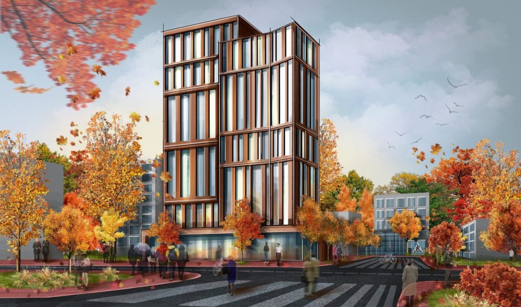 miesto scena su rudenine aplinka modernus pastatai, parko krastovaizdis ir siltų spalvu medziai, piesta su procreate