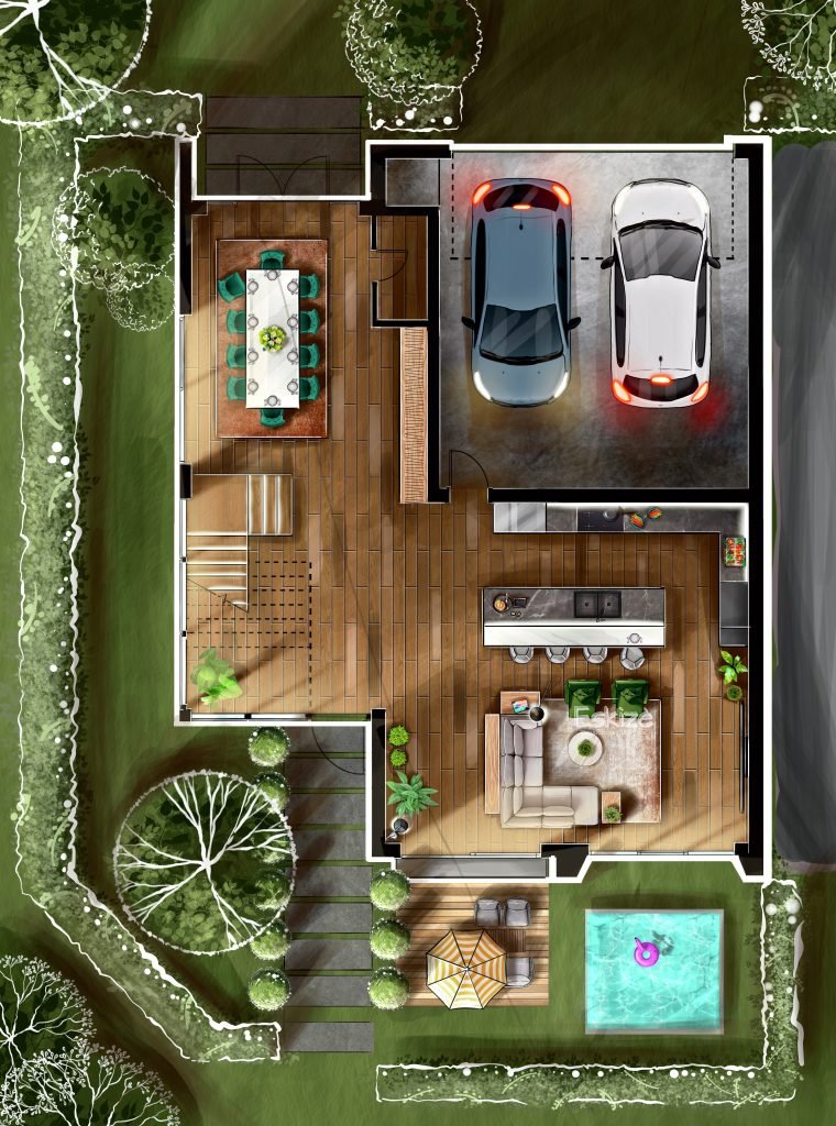 namu isplanavimo vizualizacija valgomojo zona, baseinas, garazas ir apzeldinta aplinka