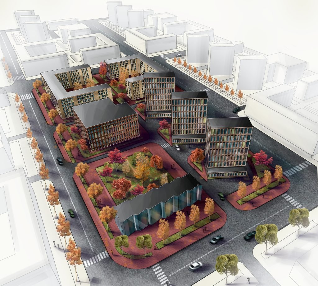 miesto projekto vizualizacija pastatai, parkai ir gatves, piesta su procreate – tinkama krastovaizdzio architektams