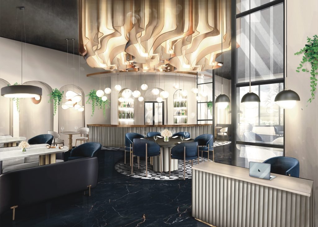 elegantiskas restoranu interjeras su aukstomis lubomis, kabinamais sviestuvais ir naturalaus apsvietimo erdve