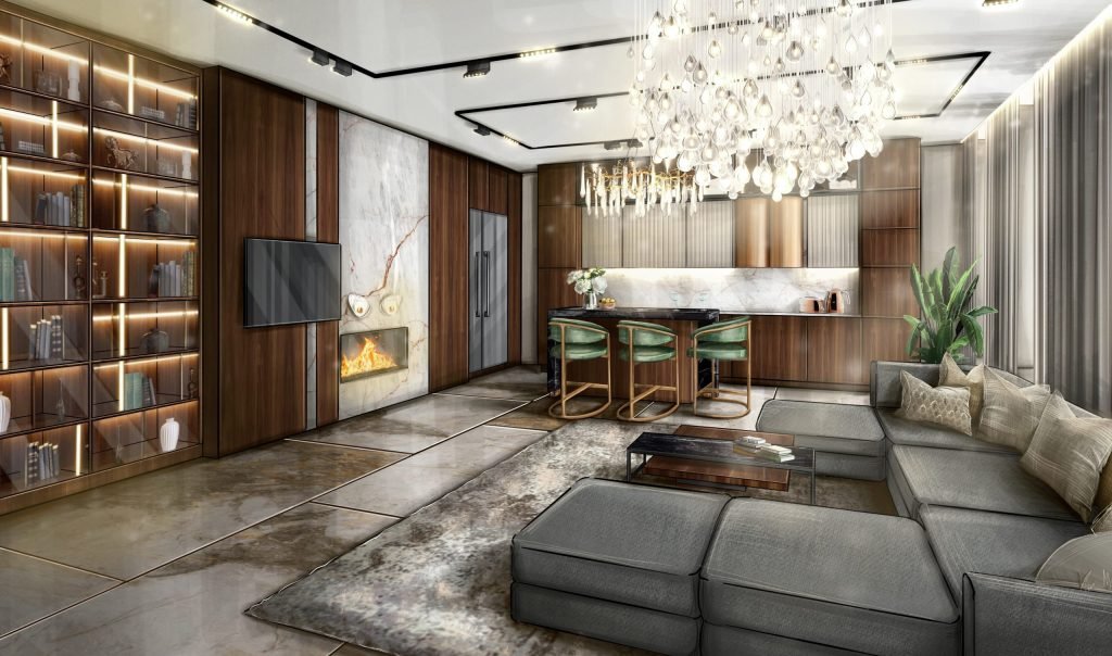 prabangaus svetaines interjero eskizas su moderniu sviestuvu, minkstasuoliu ir medzio apdaila, sukurtas procreate programa