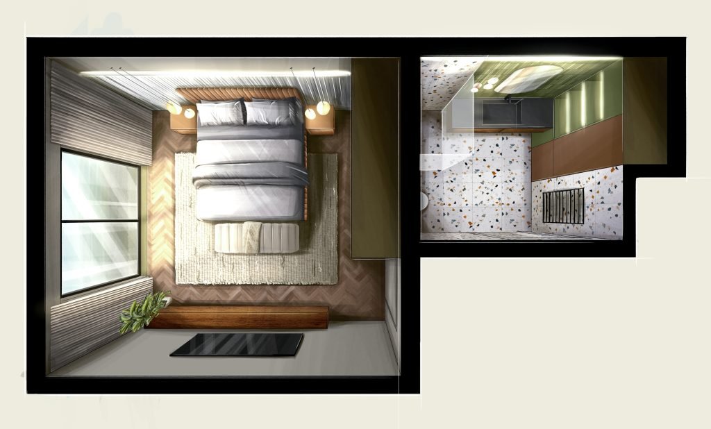 modernus miegamojo ir vonios kambario dizainas vizualizacija