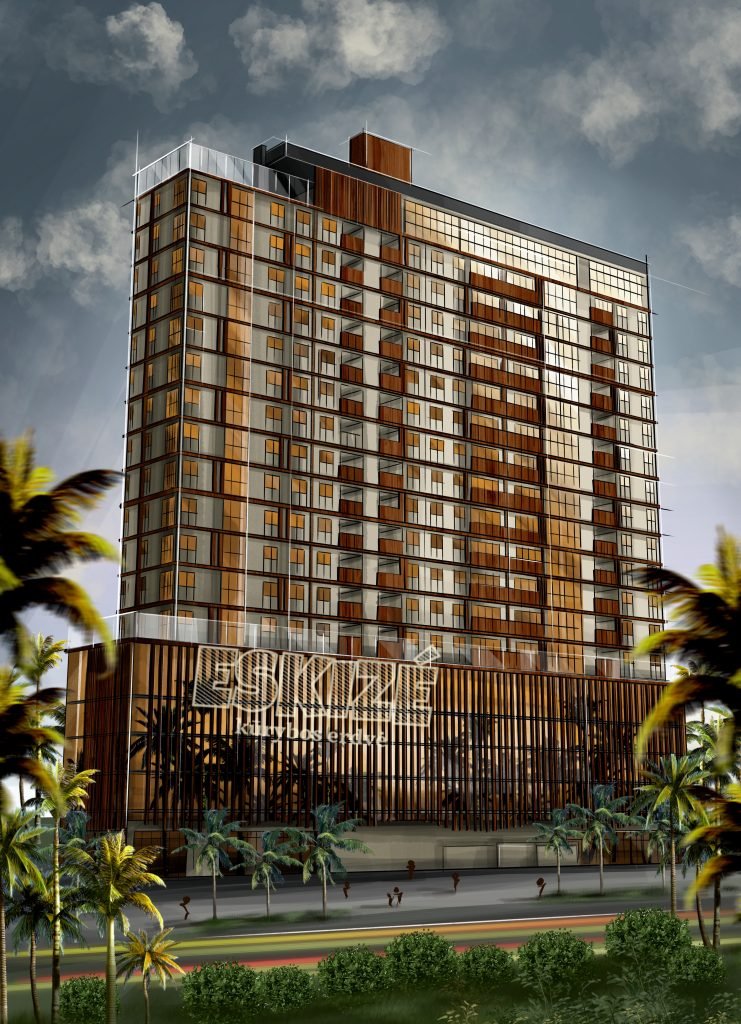 modernus daugiaaukstis pastatas su urbanistine aplinka ir palmemis