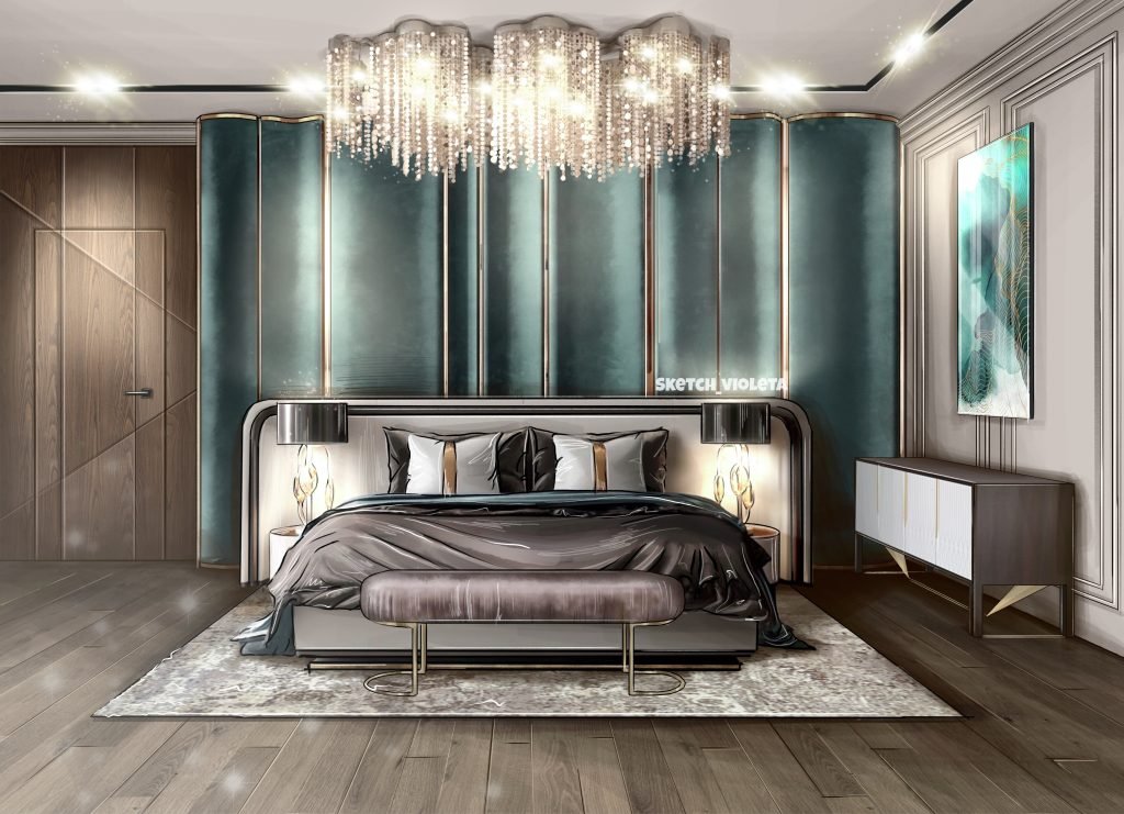 prabangaus miegamojo interjero vizualizacija