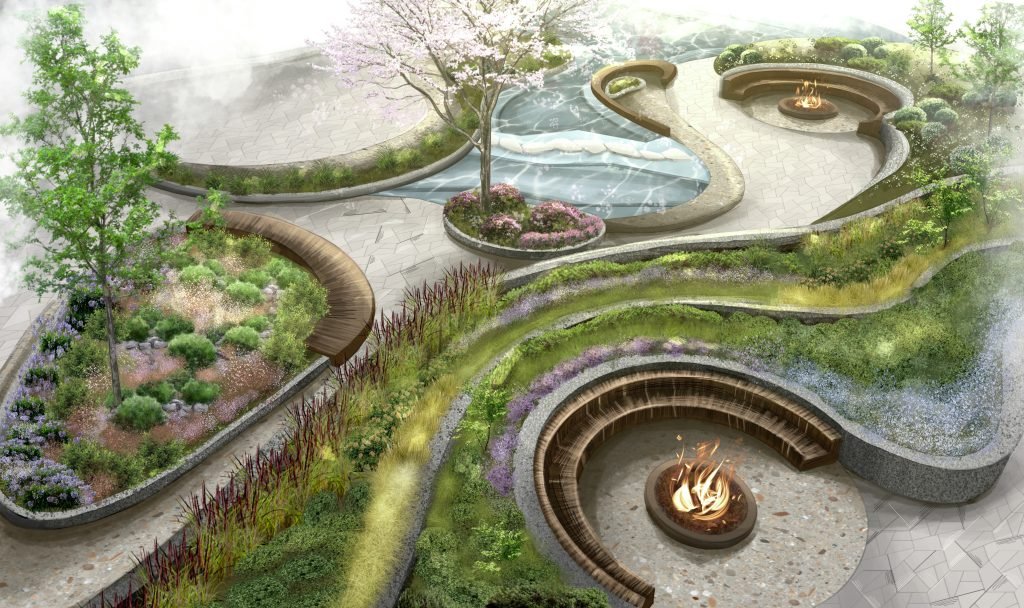 landsafto dizaino eskizas ir 3d vaizdas su baseinu, augalais ir zidiniu, sukurtas skaitmeniniu modeliavimu procreate programa