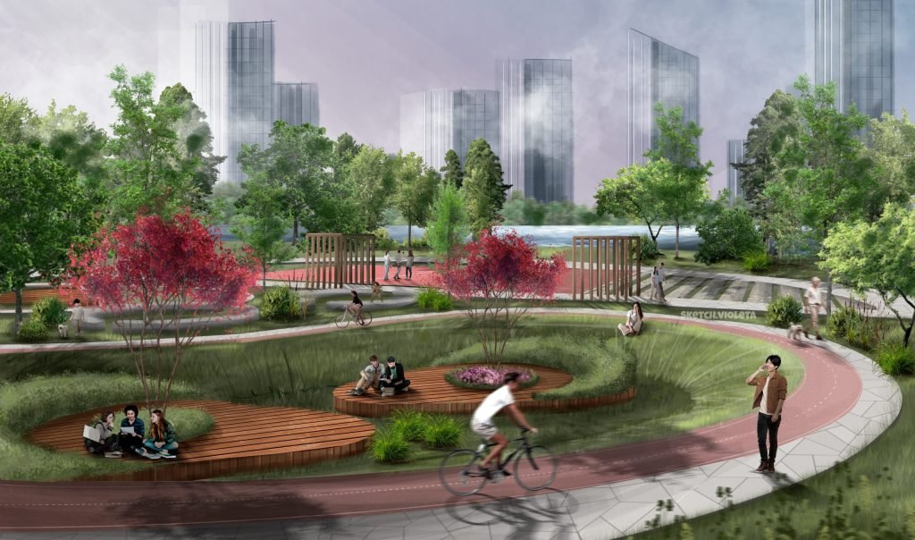 viesosios erdves eskizas su parko krastovaizdziu, medziais ir pasivaiksciojimo takais, piestas su procreate