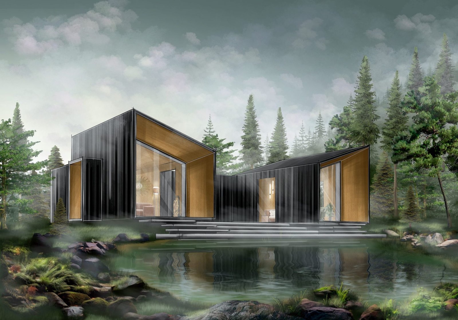 juodos modernios architekturos namas misko apsuptyje su atspindziais vandens tvenkinyje