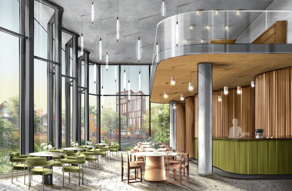 modernus restorano interjeras su naturalia medzio ir zalios spalvos akcentais bei stiklo langais, pro kuriuos atsiveria gamtos vaizdai