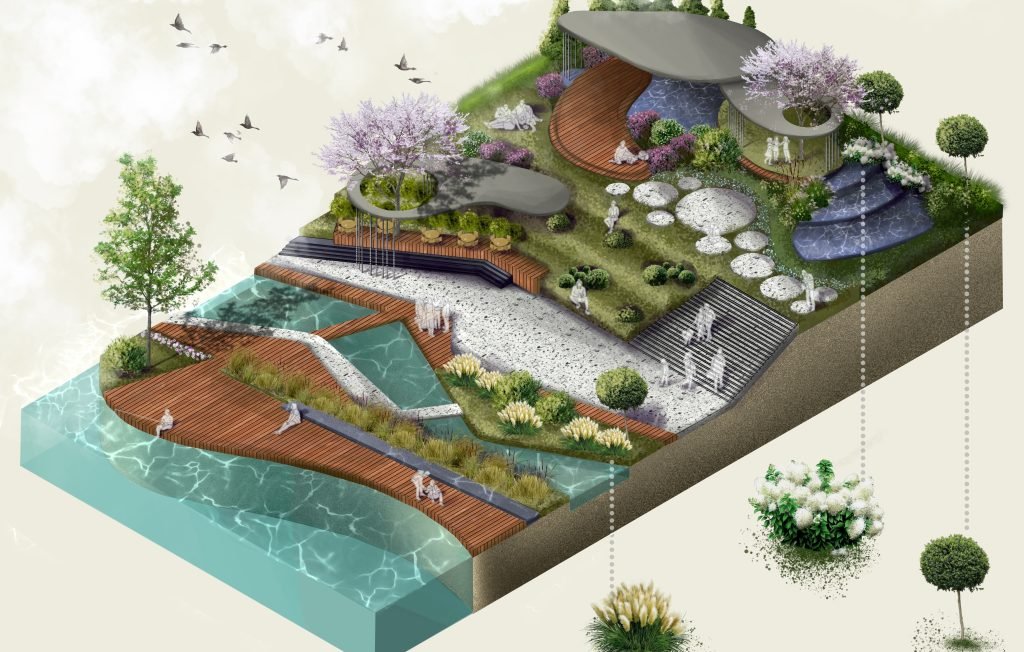 landsafto eskizas su spalvingomis detalemis, augalais ir 3d efektu, sukurtas procreate programa