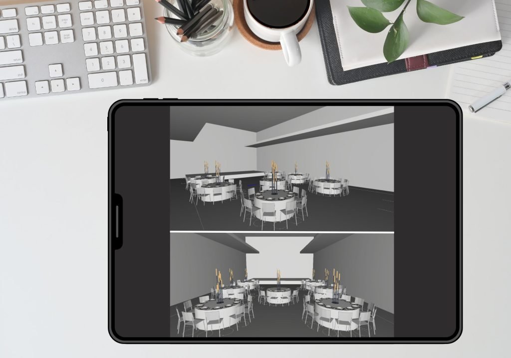 Supaprastintas 3d modelis su apvaliais stalais ir vizualizacijos elementu isdestymu, sukurtas mastelio patikrinimui