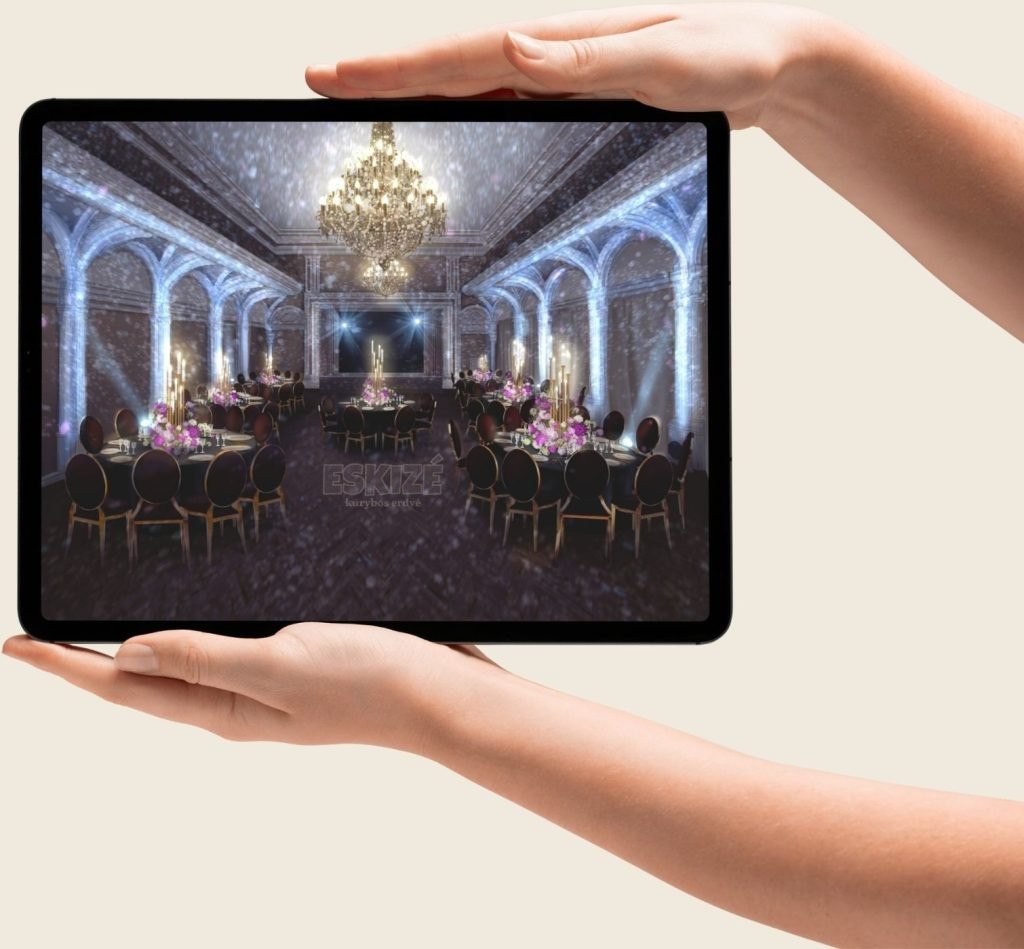 vestuviu sales dekoravimo eskizas planseteje apvalus stalai, prabangus apsvietimas ir geliu kompozicijos