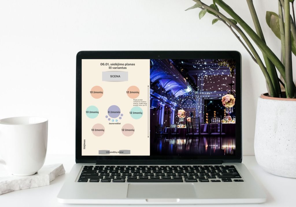 vestuviu sedejimo plano vizualizacija ir dekoruotu sales interjero vaizdas su apsvietimu